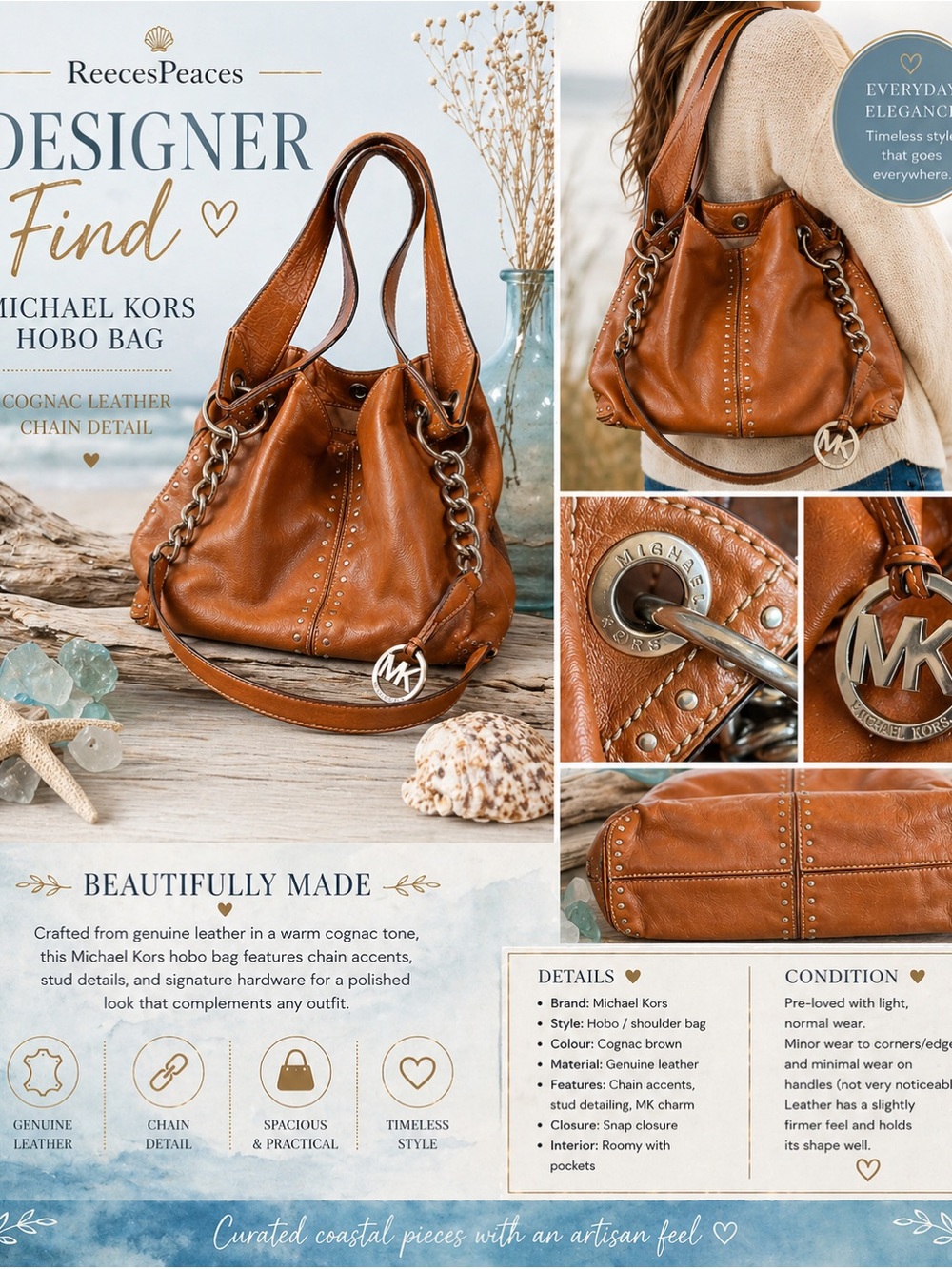 Michael Kors Cognac Brown Leather Hobo with Chain Accents